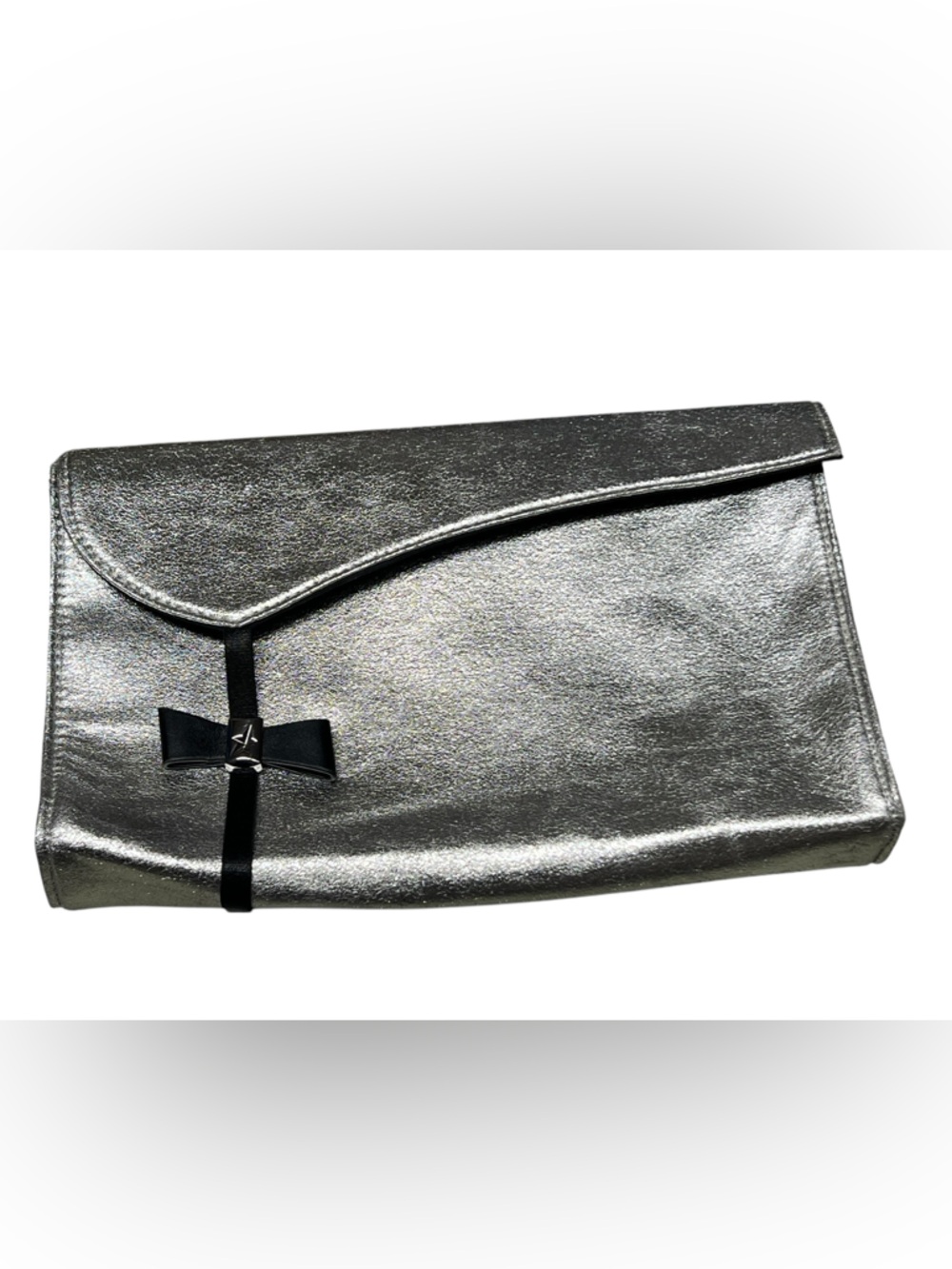 Thierry Mugler silver metallic faux leather bow envelope cosmetic bag clutch